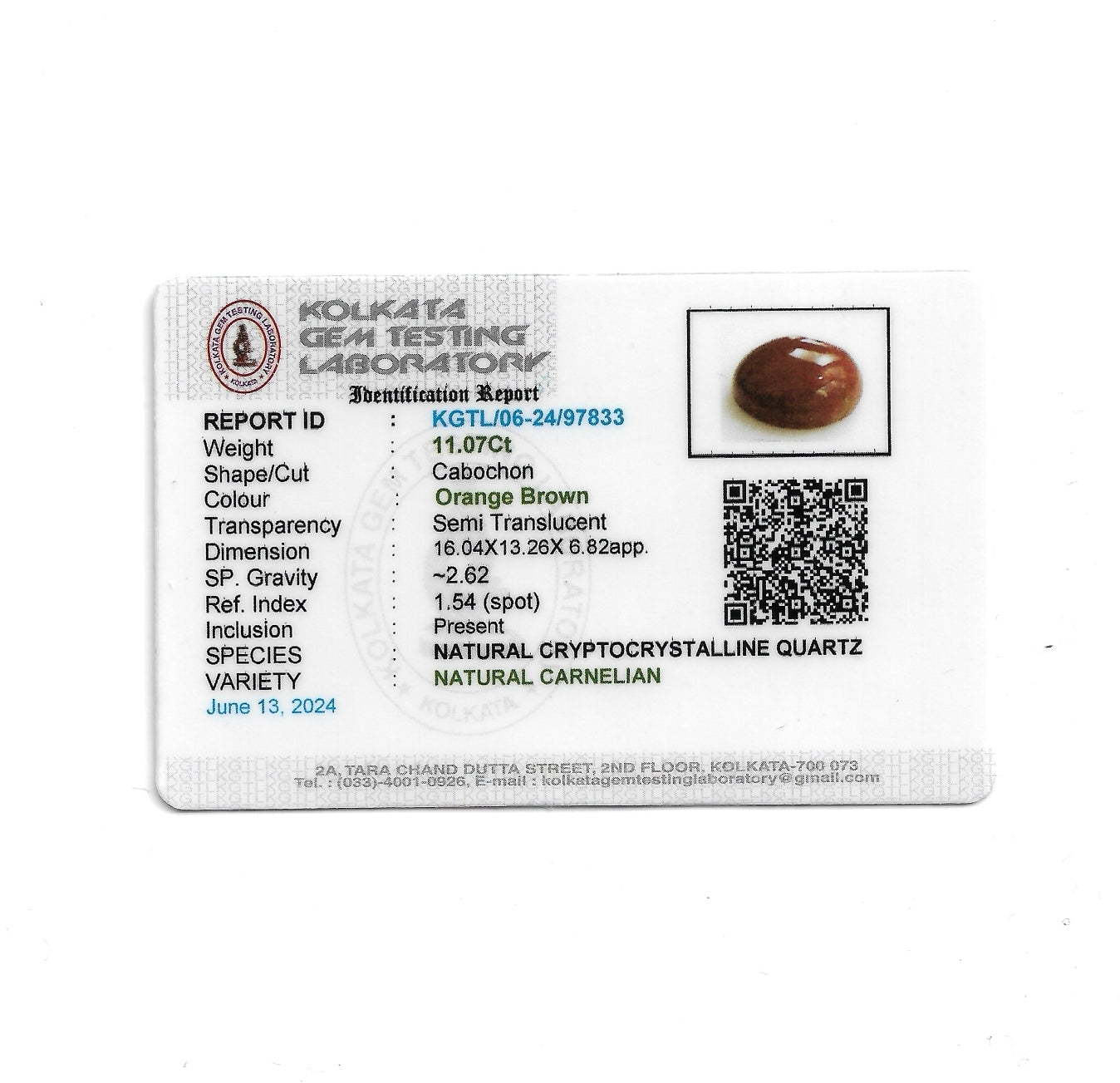 Certificate of Carnelian - 11.07 Carats