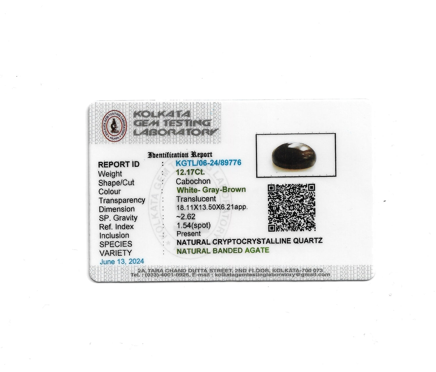 Certificate of Banded Agate (Sulemani Hakik) - 12.17 Carats