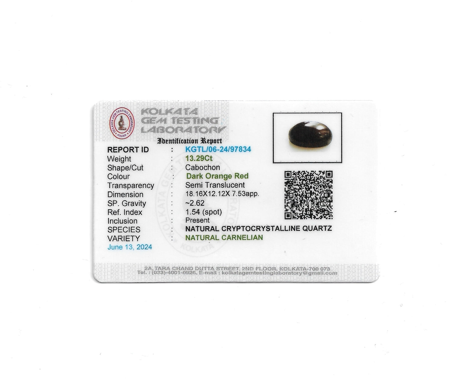 Certificate of Carnelian - 13.29 Carats