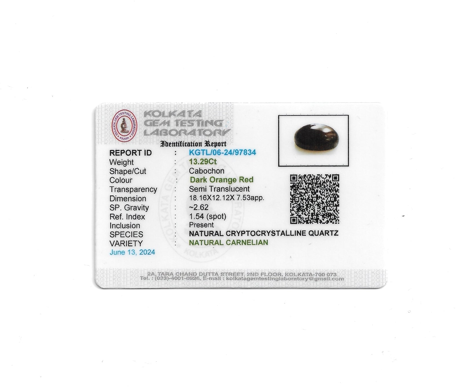 Certificate of Carnelian - 13.29 Carats