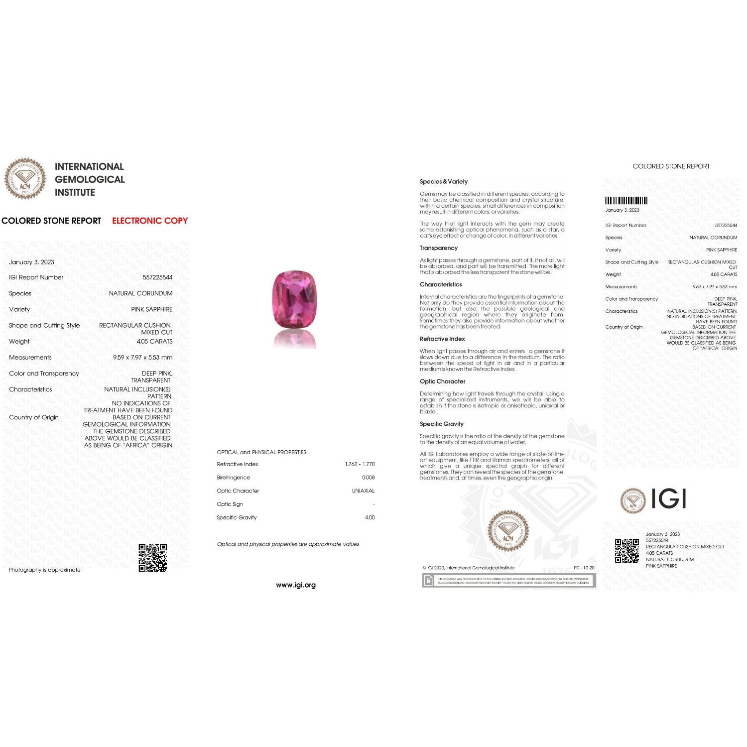 IGI Certificate of a Ruby - 4.05 Carats