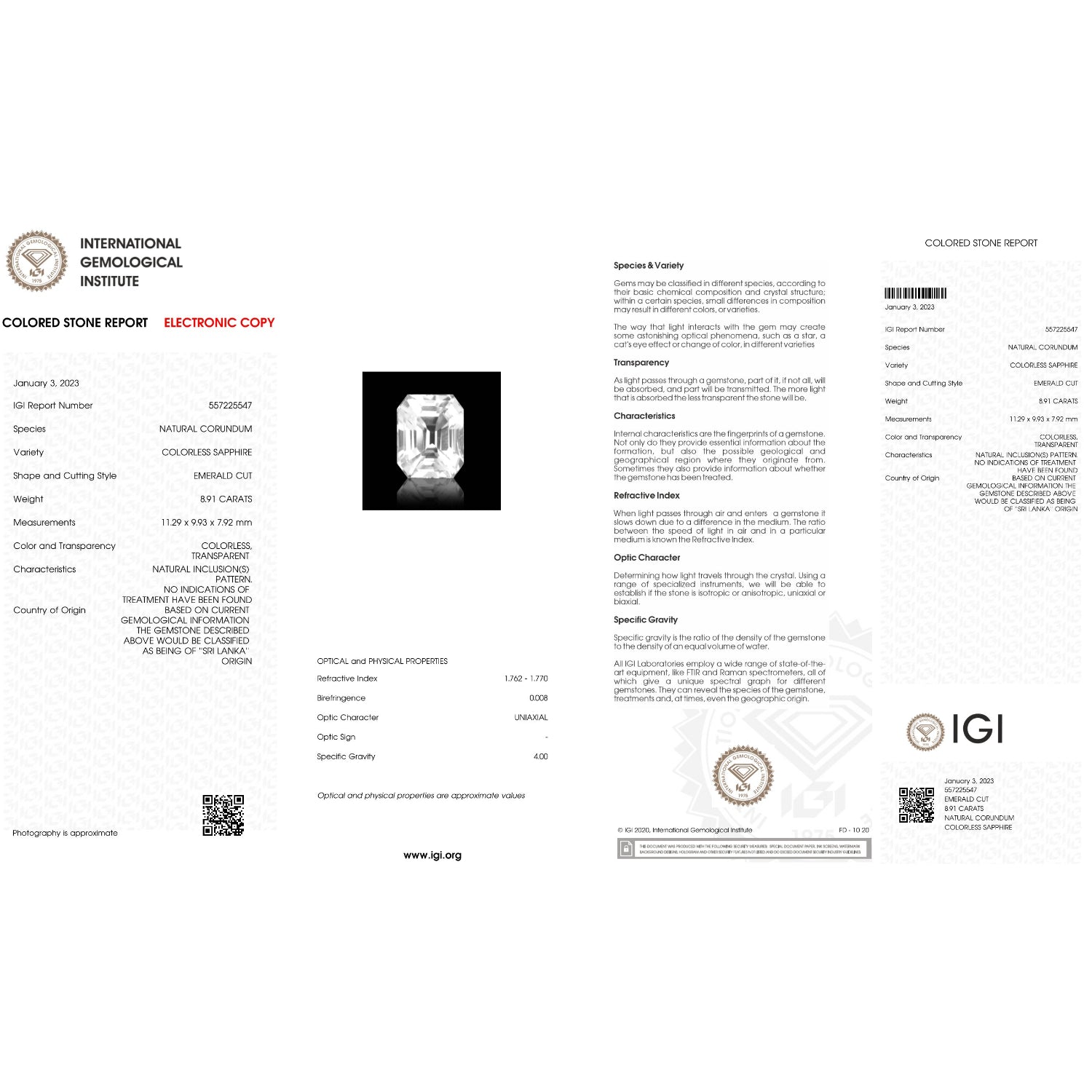 IGI Certificate of a White Sapphire - 8.91 Carats