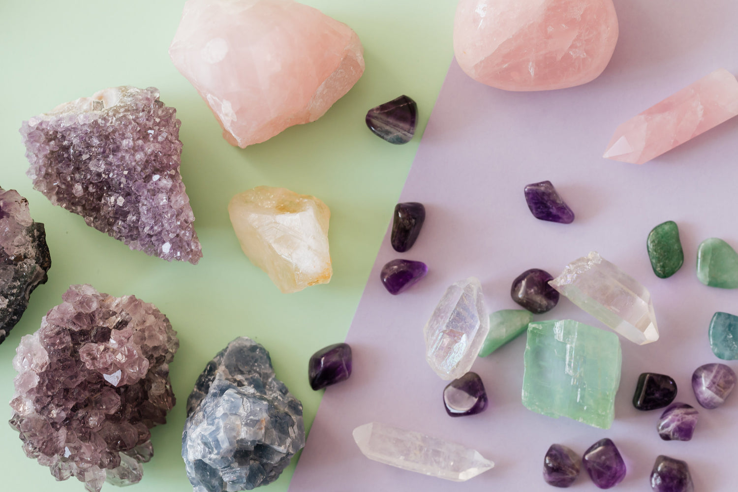 Different coloured rough gemstones and crystals