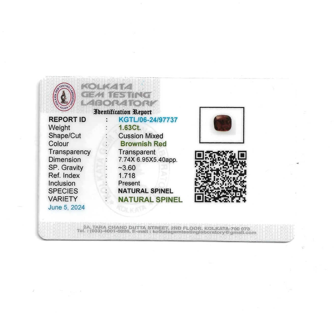 Certificate of Red Spinel - 1.63 Carats