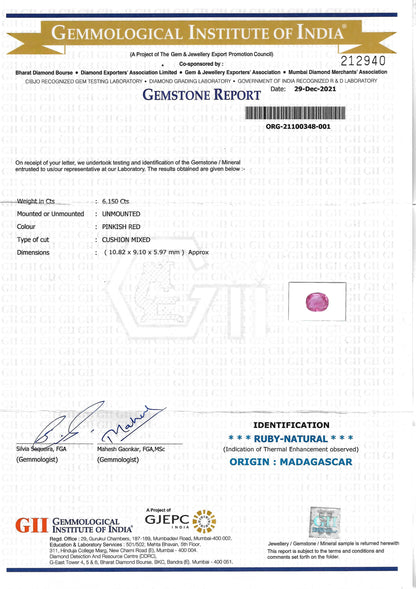 GII Certificate of a 6.15-carat Ruby