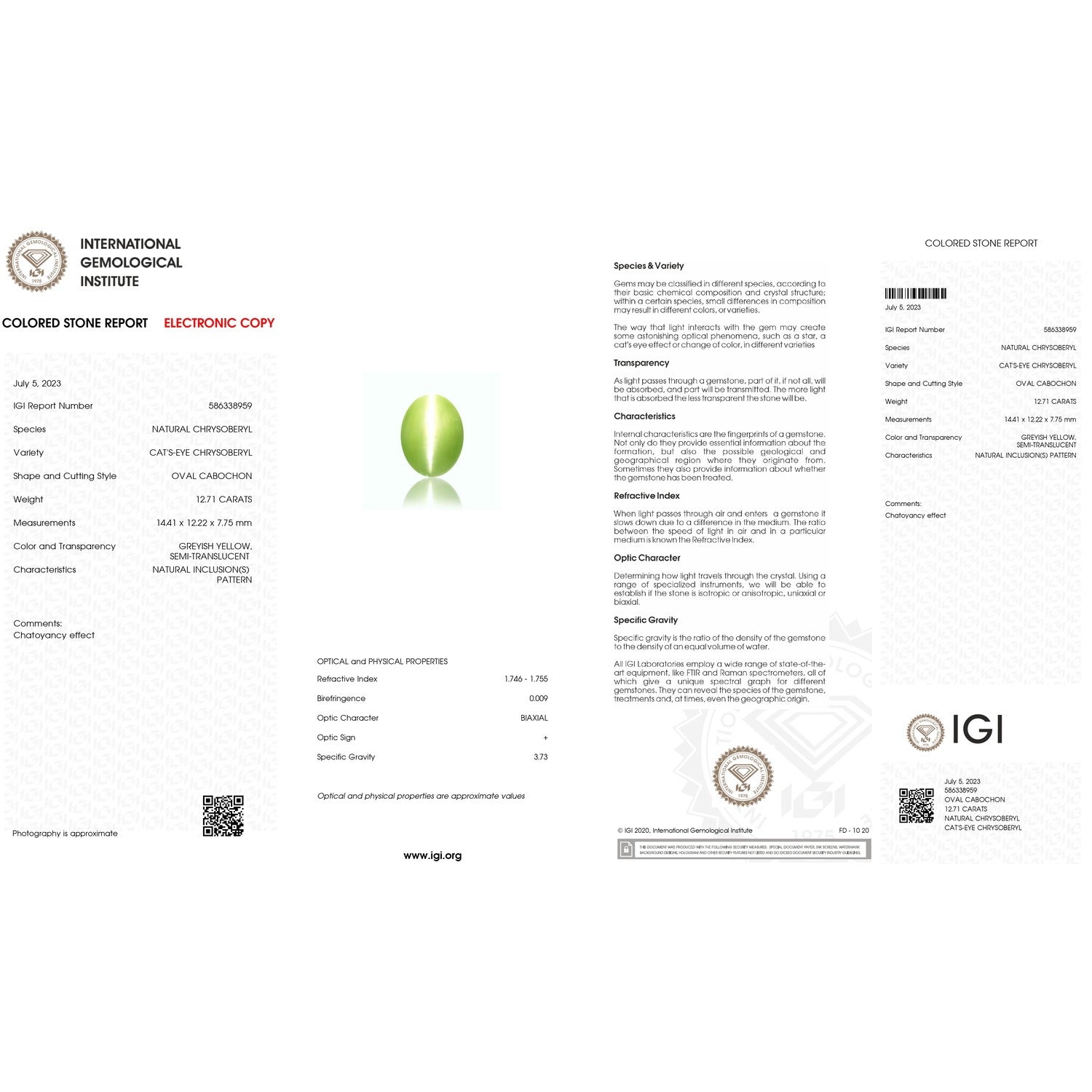 IGI Certificate of a Chrysoberyl Cats Eye - 12.70 Carats