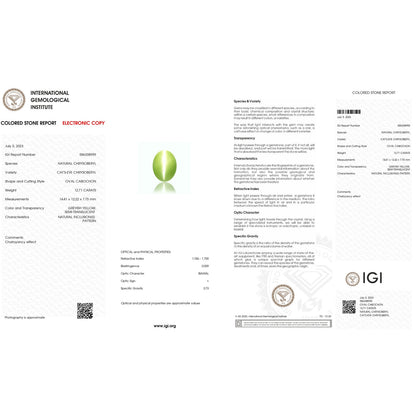 IGI Certificate of a Chrysoberyl Cats Eye - 12.70 Carats