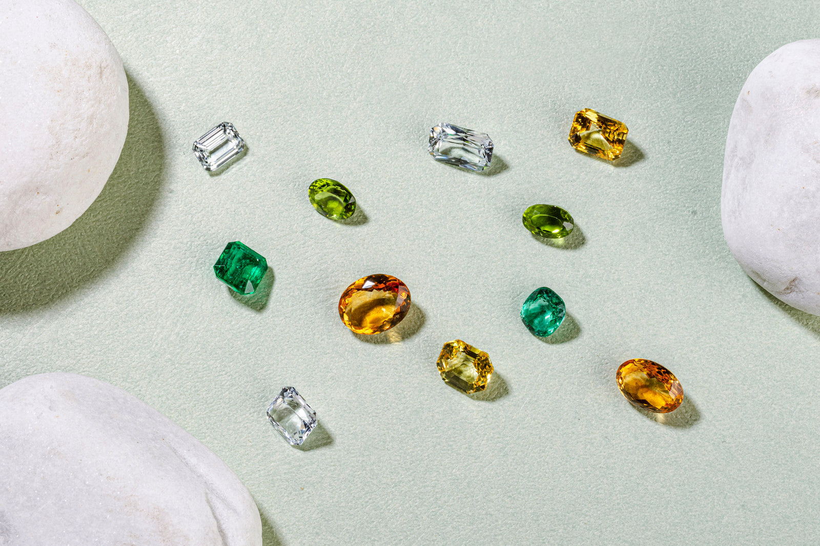 A curated selection of colourful loose gemstones