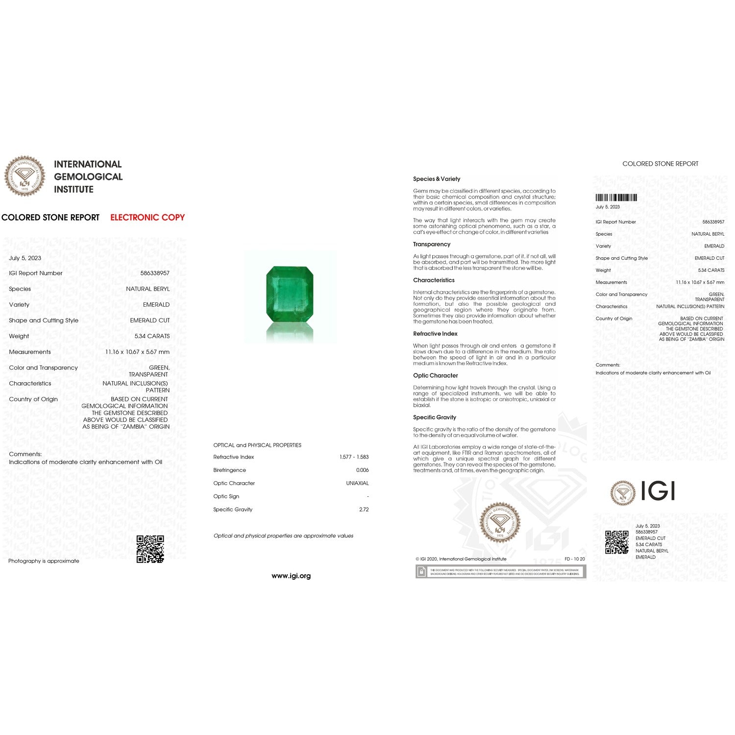 IGI Certificate of Emerald - 5.34 carats