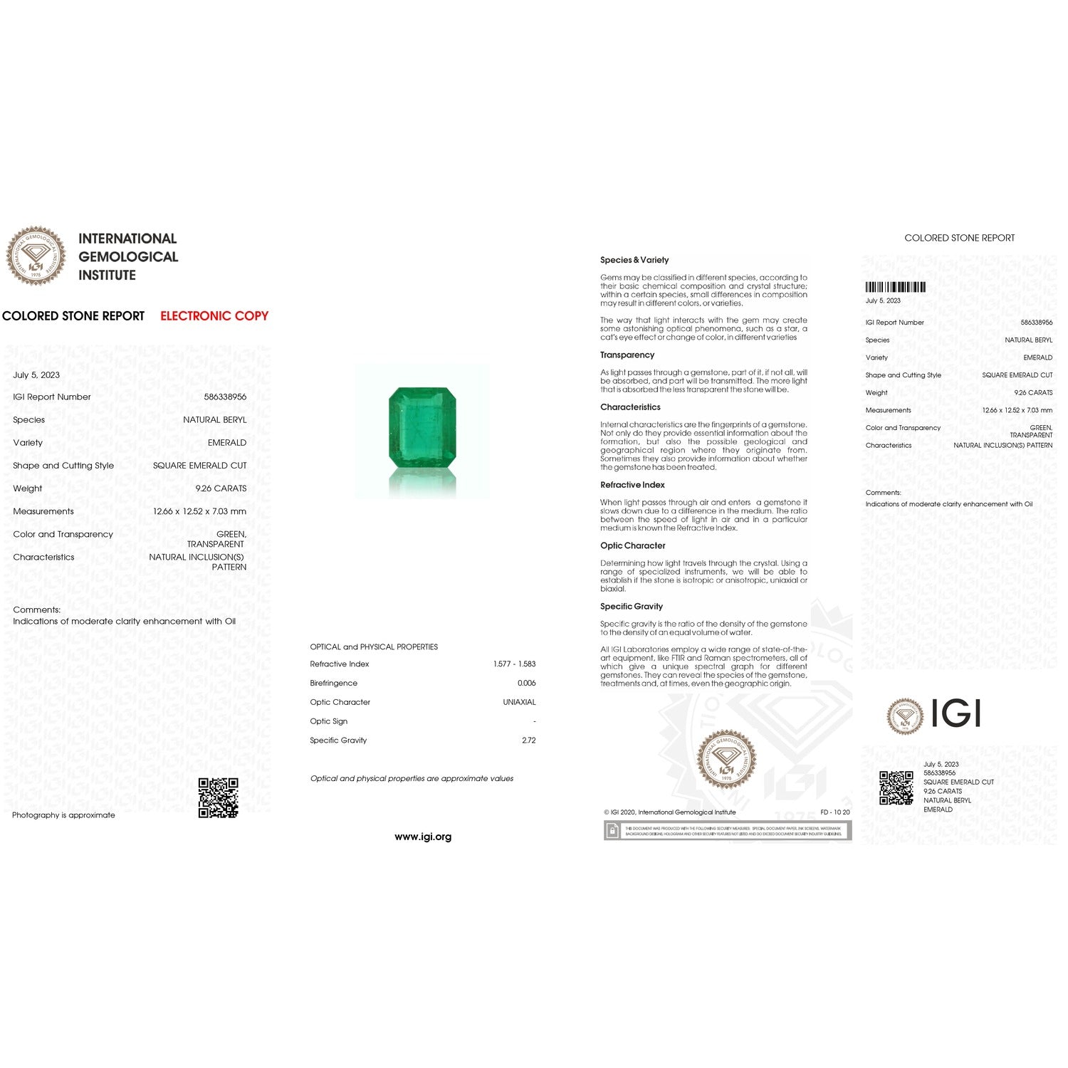 IGI Certificate of an Emerald - 9.26 carats