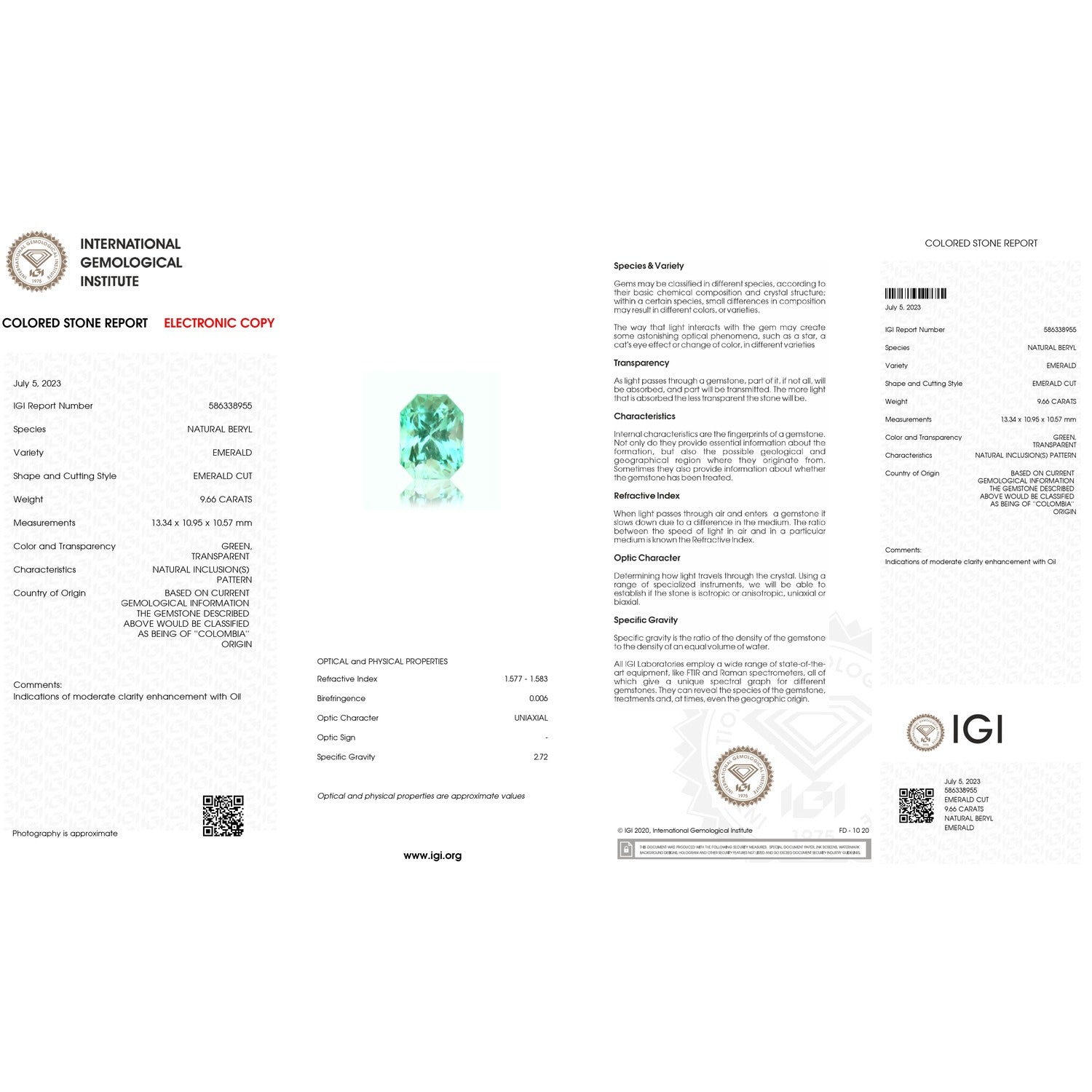 IGI Certificate of an Emerald - 9.66 carats