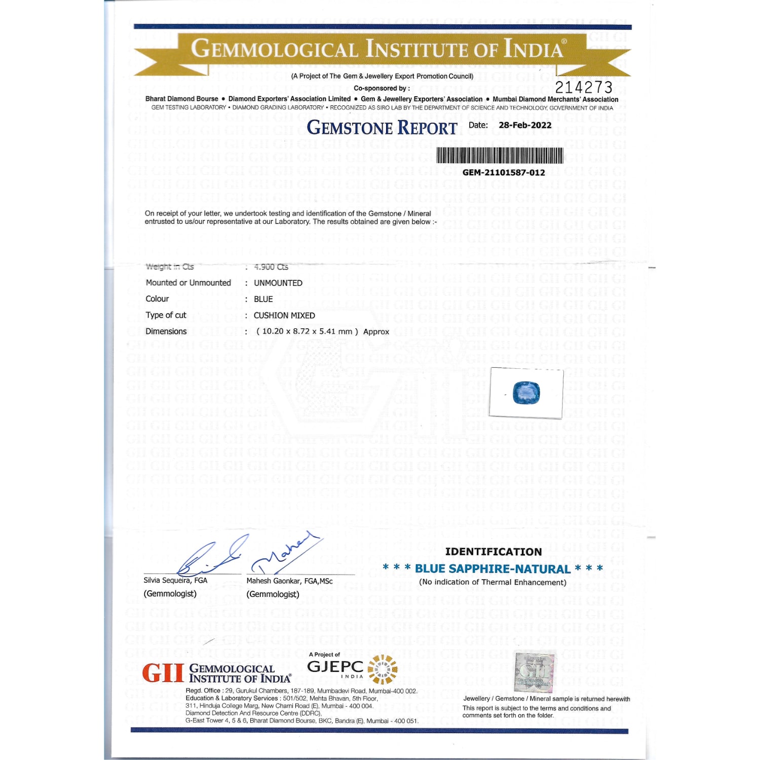 GII Certificate of a Blue Sapphire - 4.90 carats