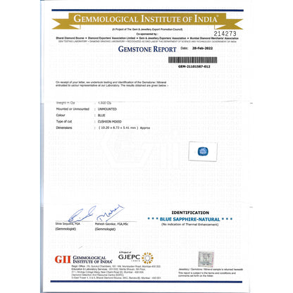 GII Certificate of a Blue Sapphire - 4.90 carats