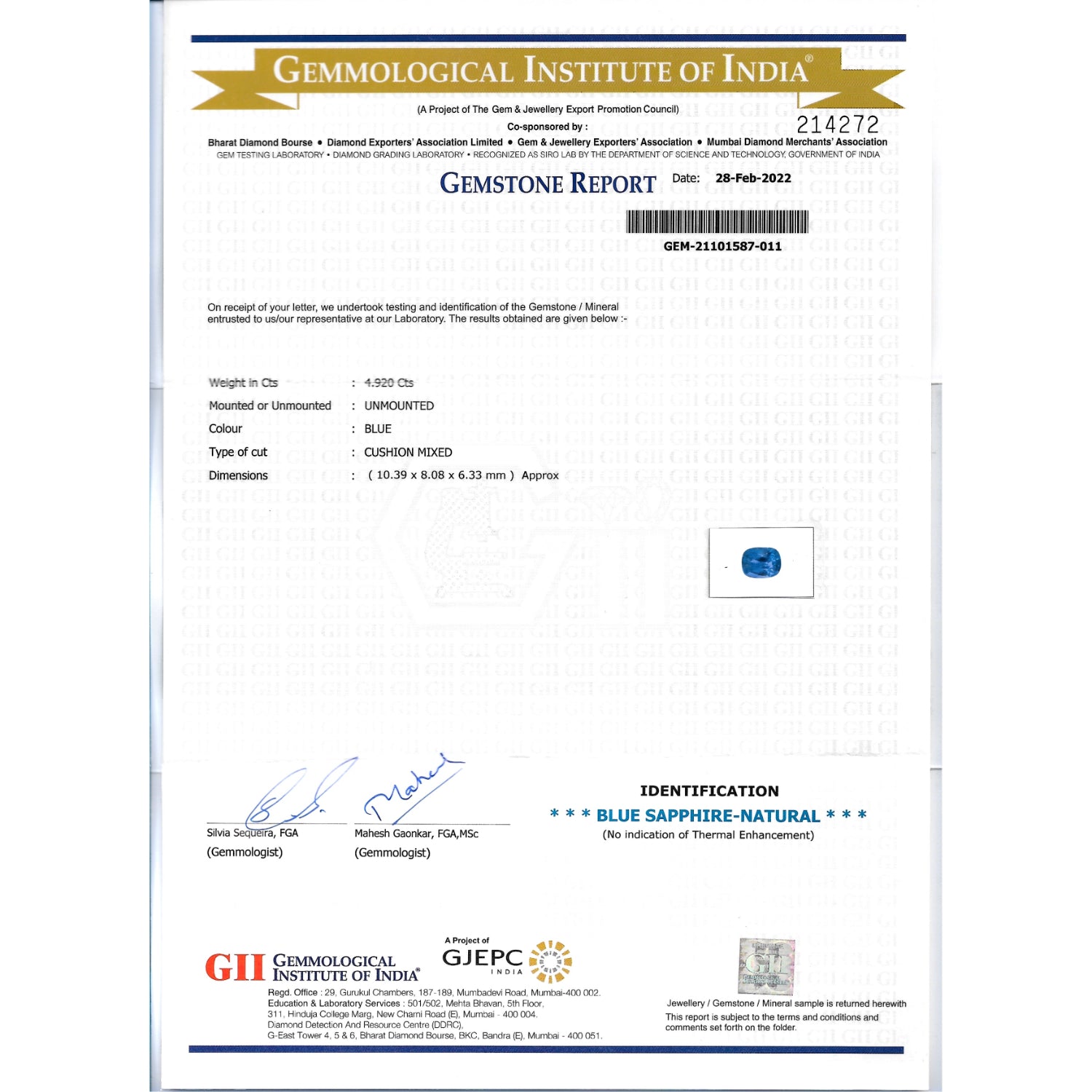 GII Certificate of a Blue Sapphire - 4.92 carats