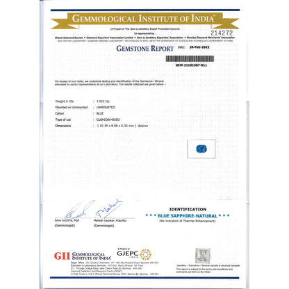 GII Certificate of a Blue Sapphire - 4.92 carats