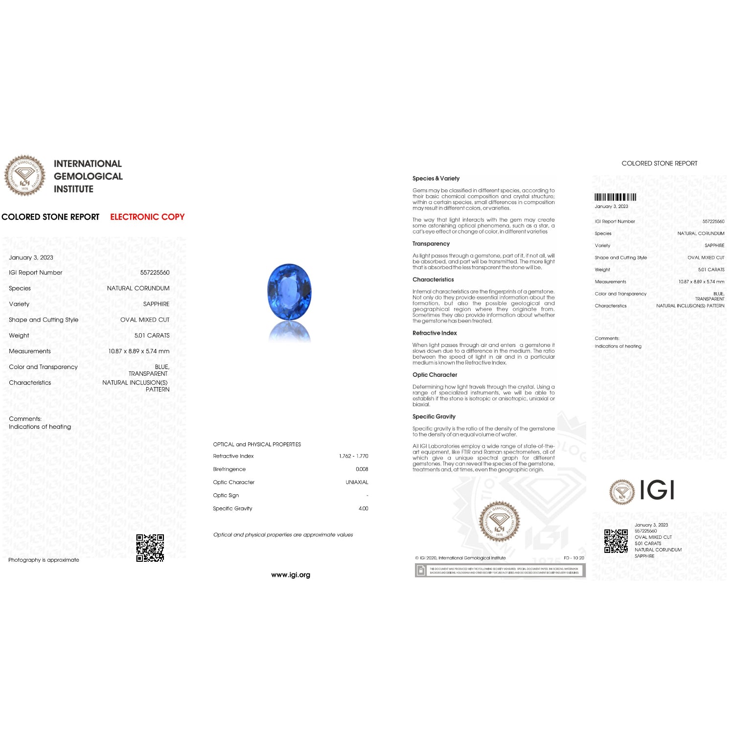 IGI Certificate of a Blue Sapphire - 5.01 carats