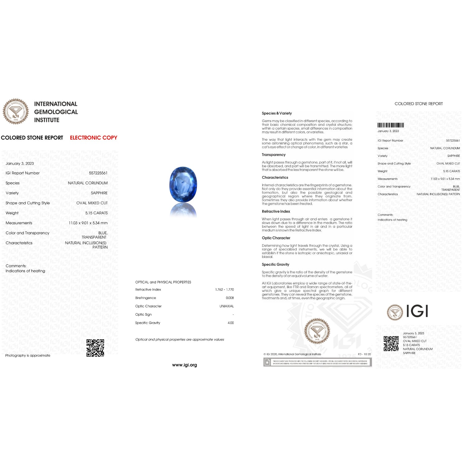 IGI Certificate of a Blue Sapphire - 5.15 carats