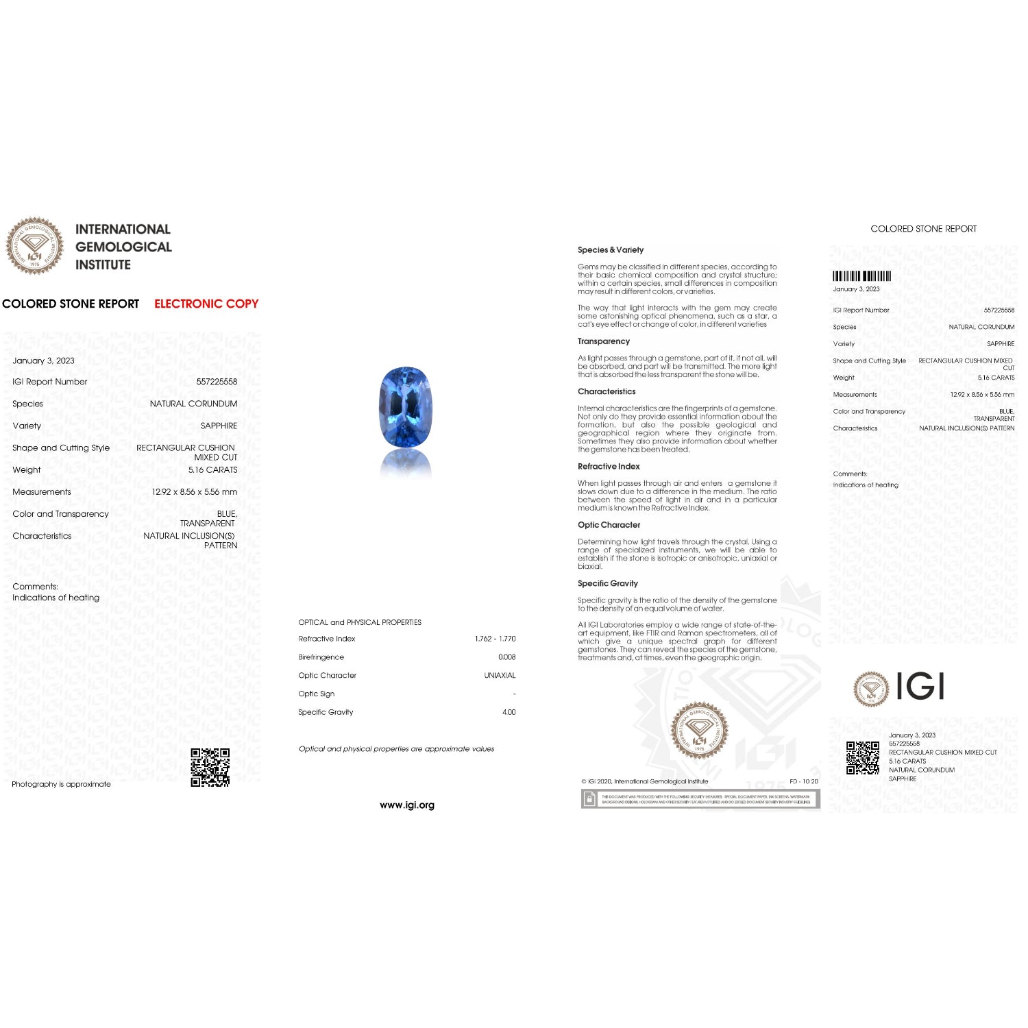 IGI Certificate of a Blue Sapphire - 5.16 carats