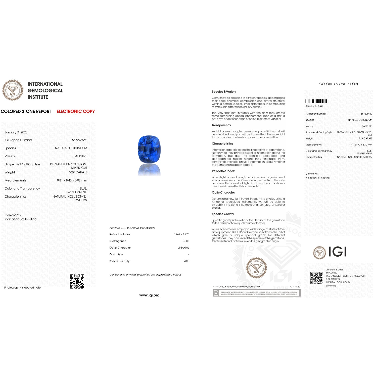 IGI Certificate of a Blue Sapphire - 5.29 carats