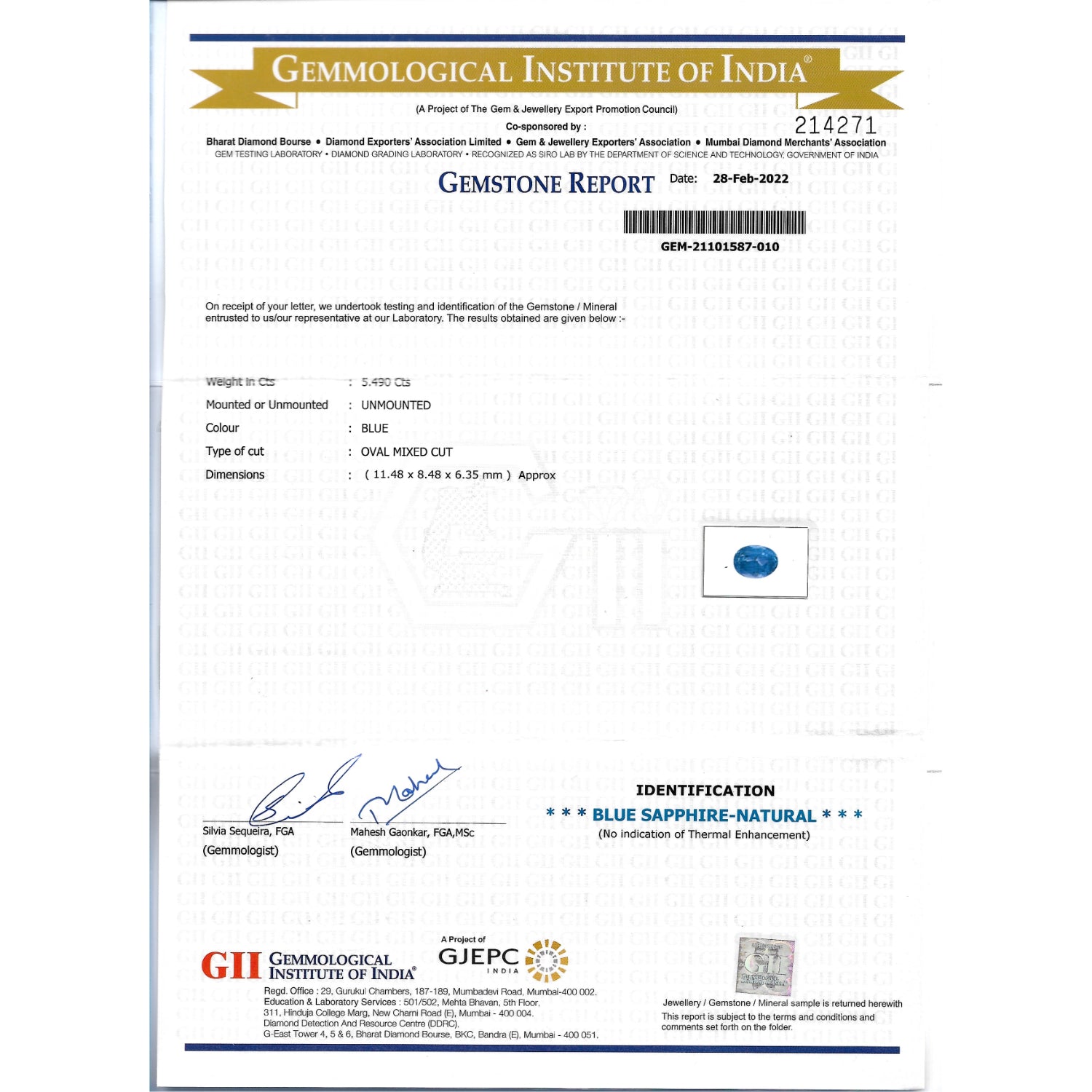 GII Certificate of a Blue Sapphire - 5.49 carats