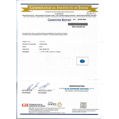 GII Certificate of a Blue Sapphire - 5.49 carats