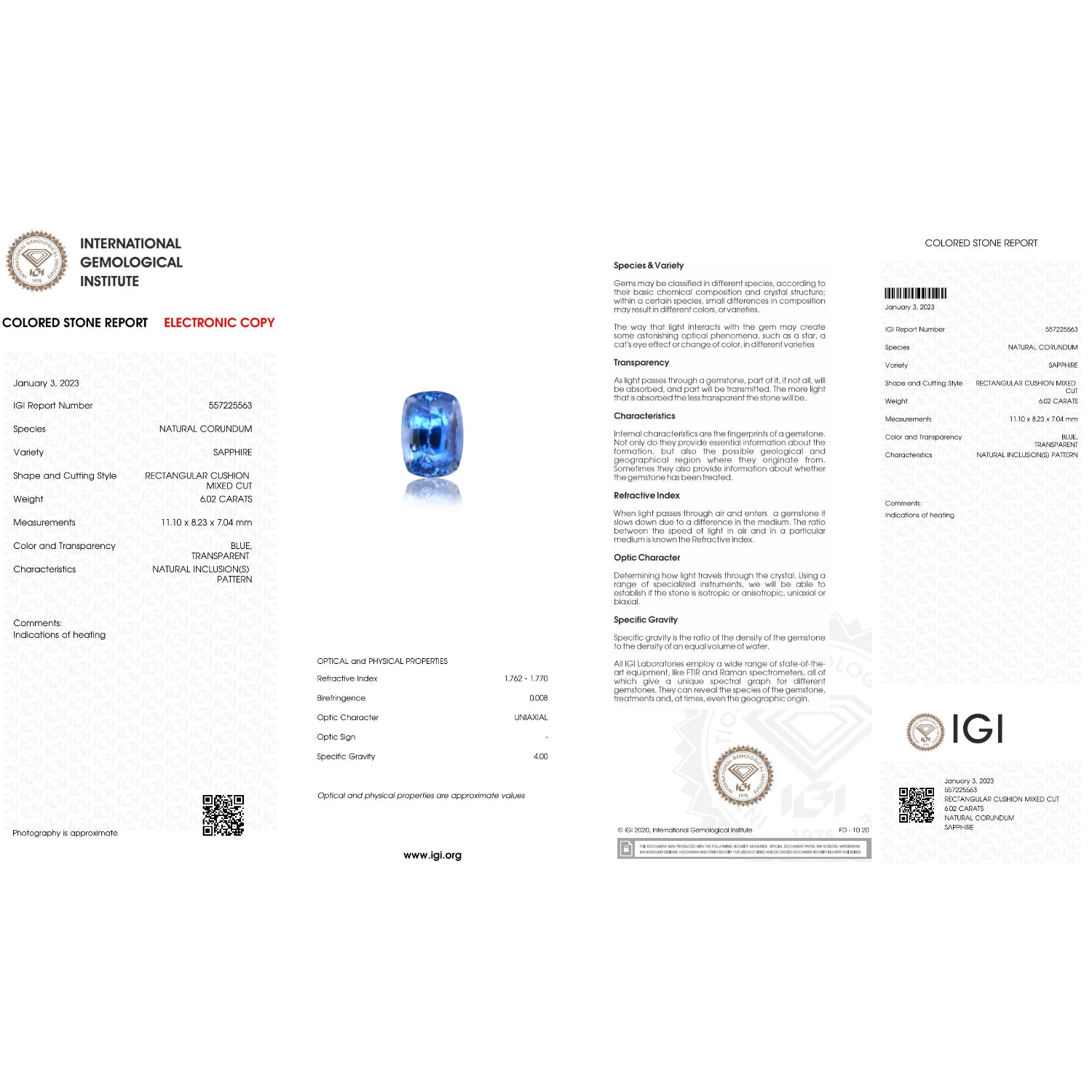 IGI Certificate of a Blue Sapphire - 6.02 carats