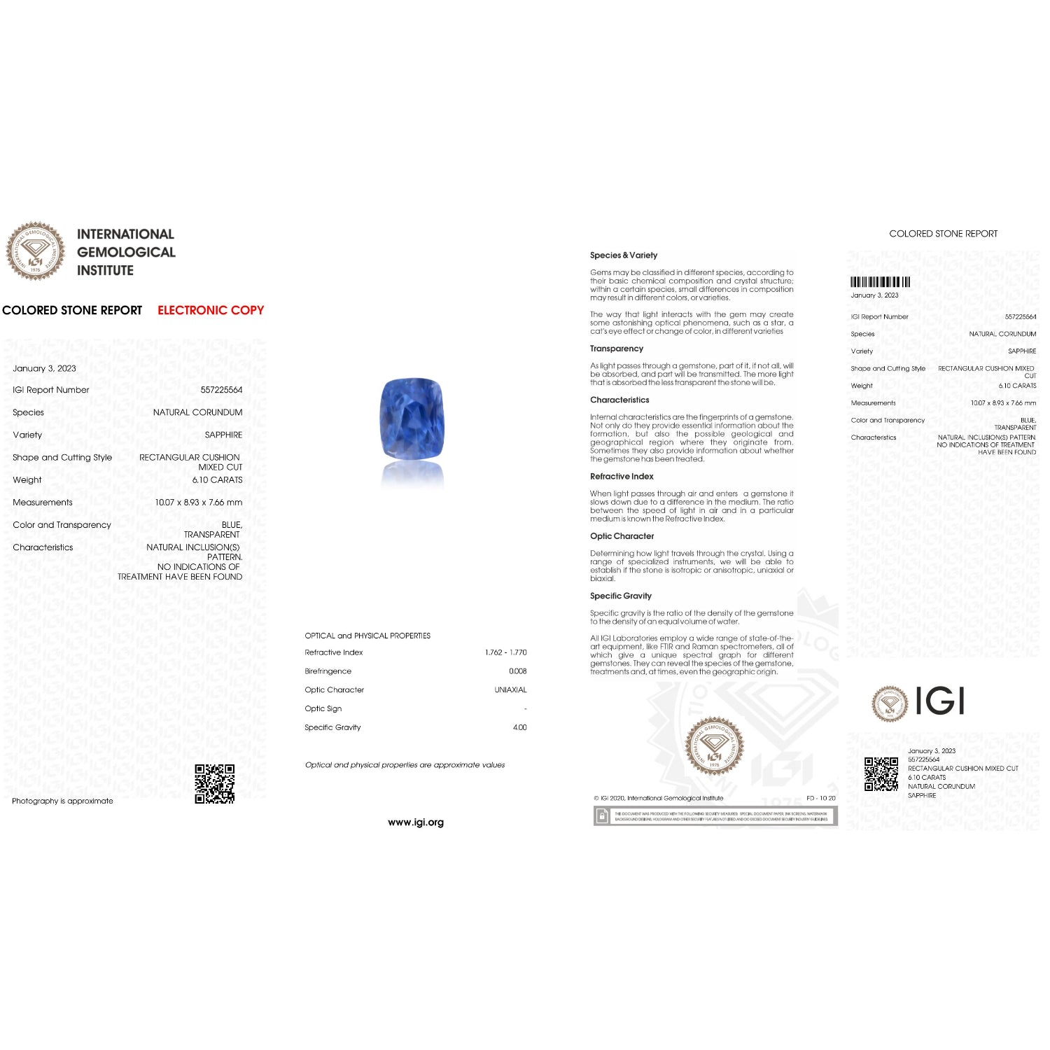 IGI Certificate of a Blue Sapphire - 6.10 carats