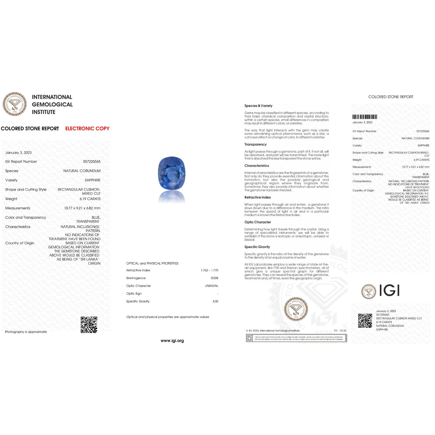 IGI Certificate of a Blue Sapphire - 6.19 carats