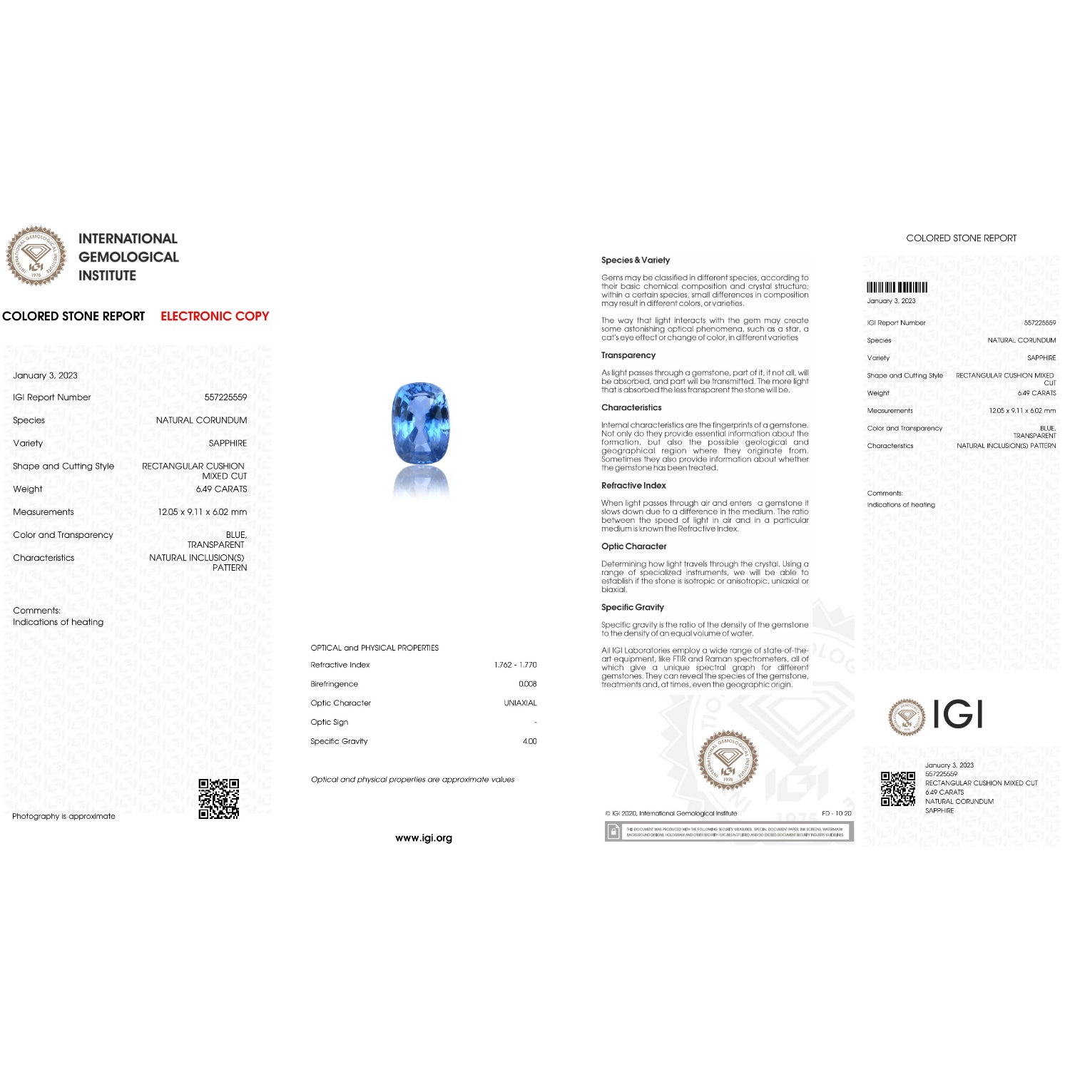 IGI Certificate of a Blue Sapphire - 6.49 carats