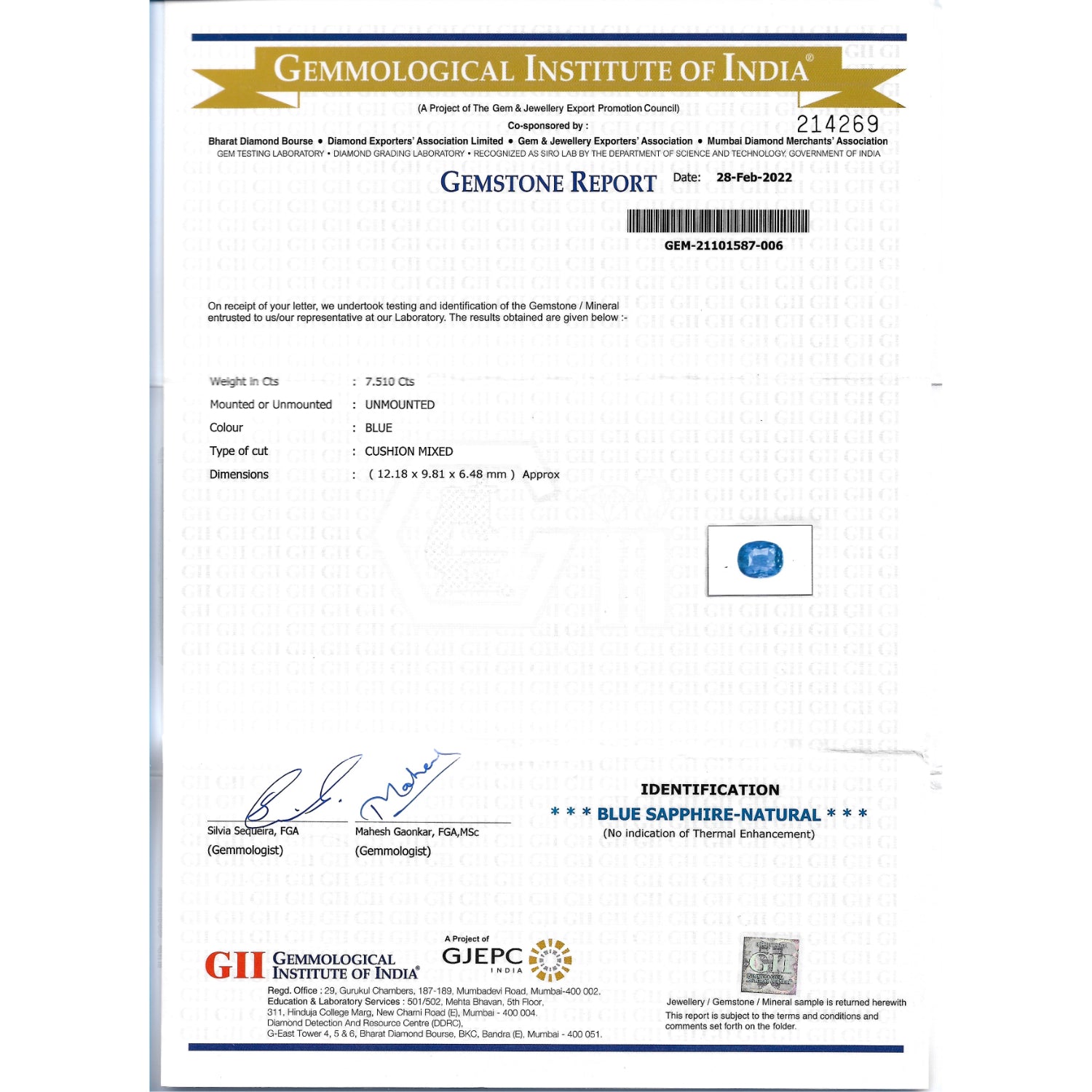 GII Certificate of a Blue Sapphire - 7.51 carats