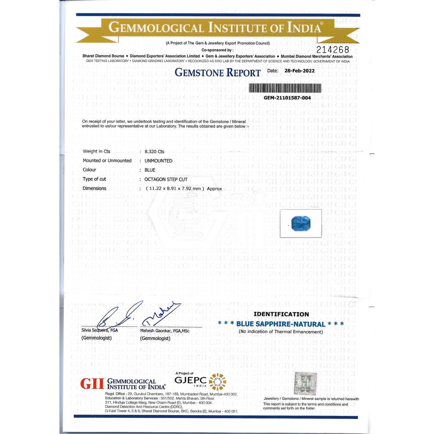 GII Certificate of a Blue Sapphire - 8.32 carats