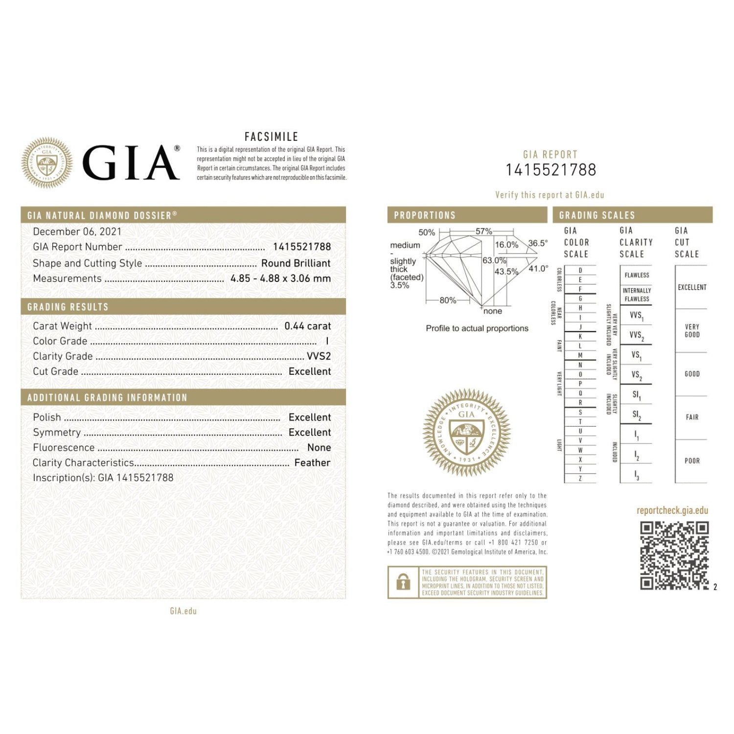 GIA Certificate of a Diamond - 0.44 Carats