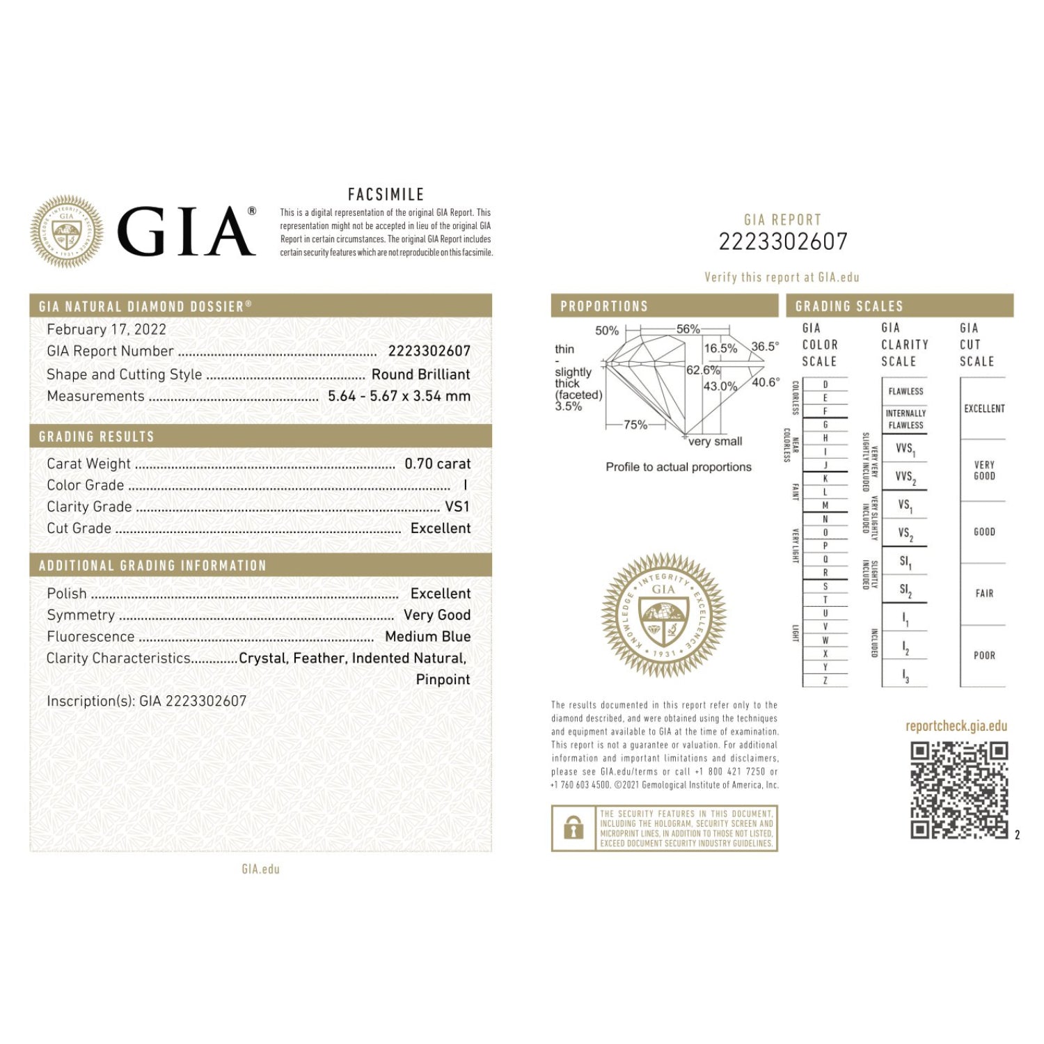 GIA Certificate of a Diamond - 0.70 Carats