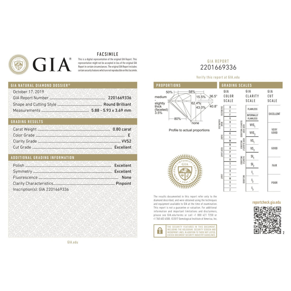 GIA Certificate of a Diamond - 0.80 Carats