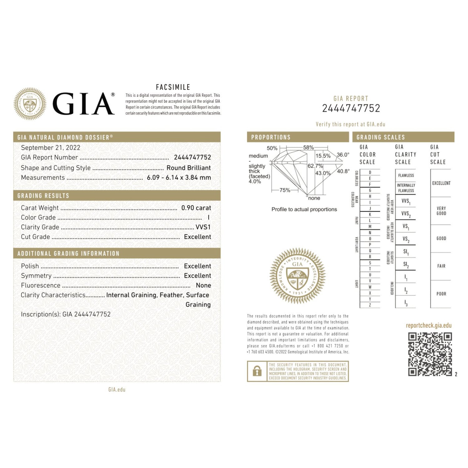 GIA Certificate of a Diamond - 0.90 Carats