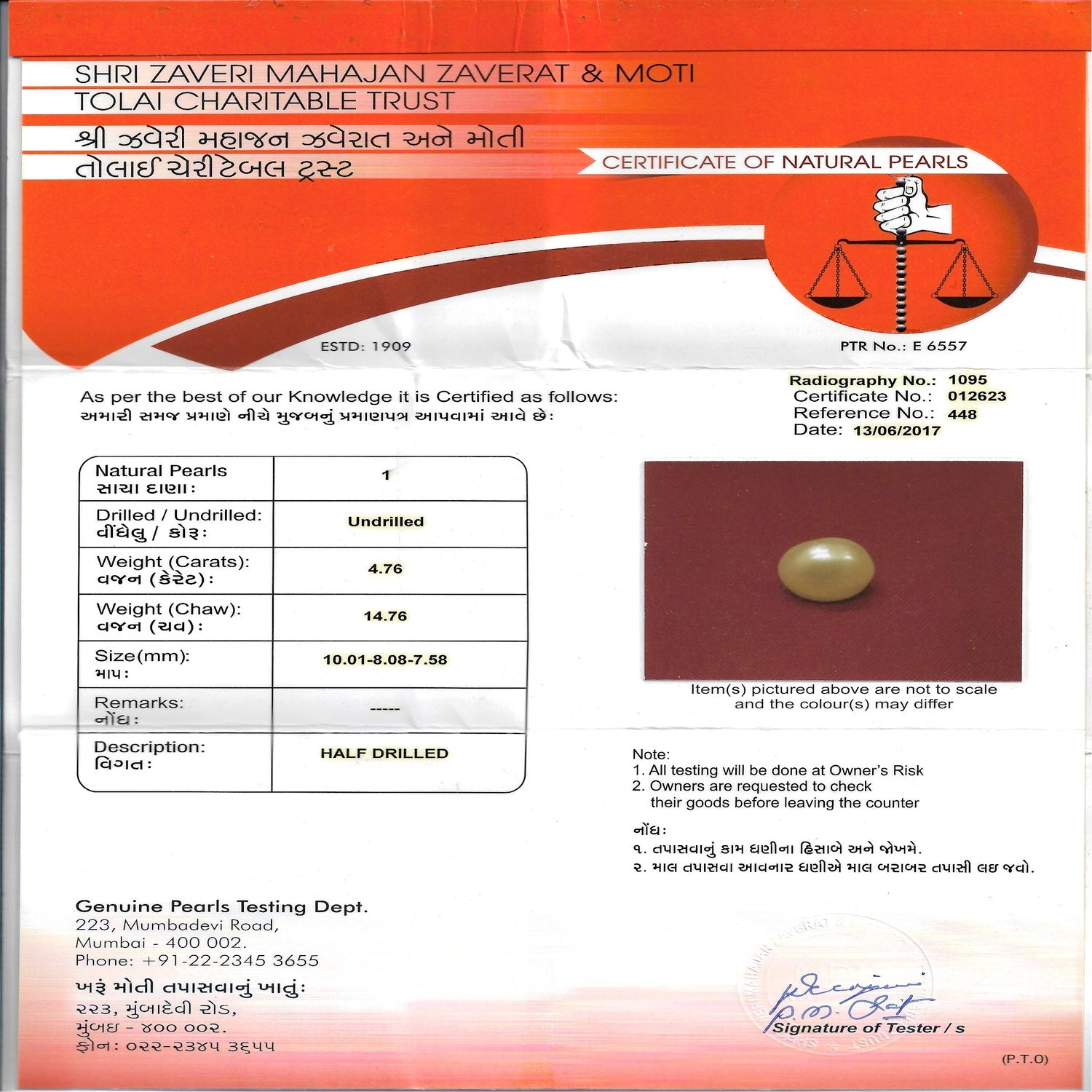 Certificate of a Natural Basra Pearl - 4.76 carats
