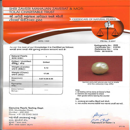 Certificate of a Natural Basra Pearl - 5.12 carats