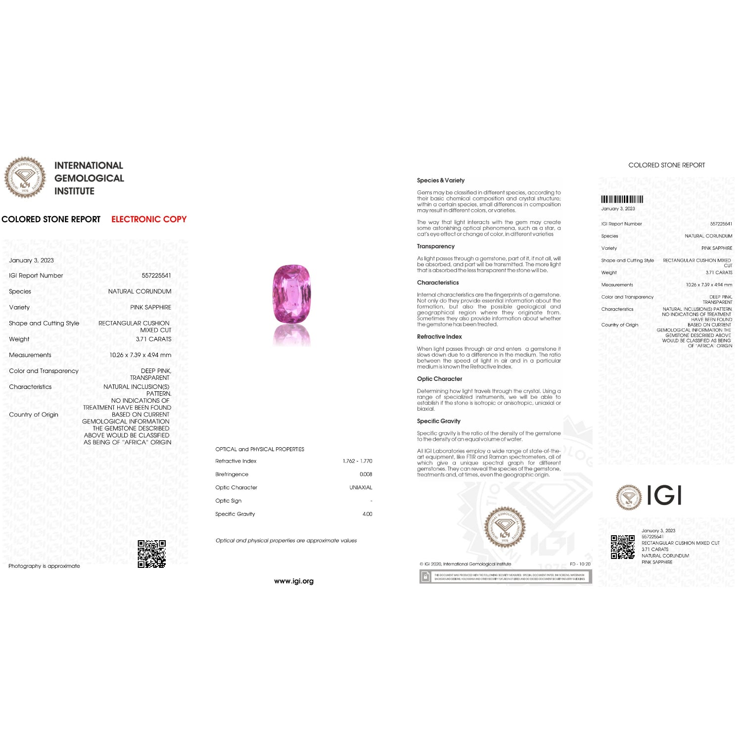 IGI Certificate of a Ruby - 3.71 Carats
