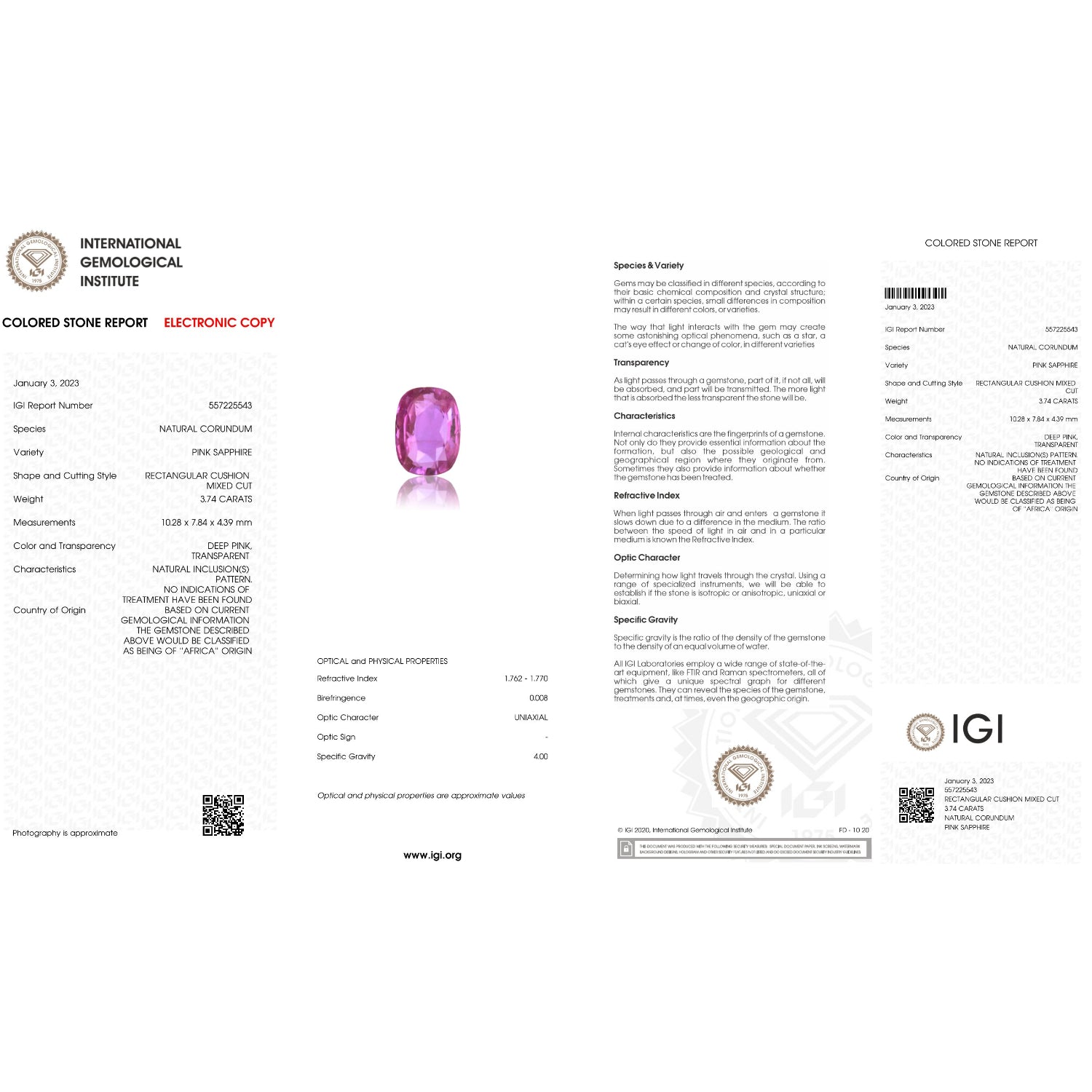 IGI Certificate of a Ruby - 3.74 Carats