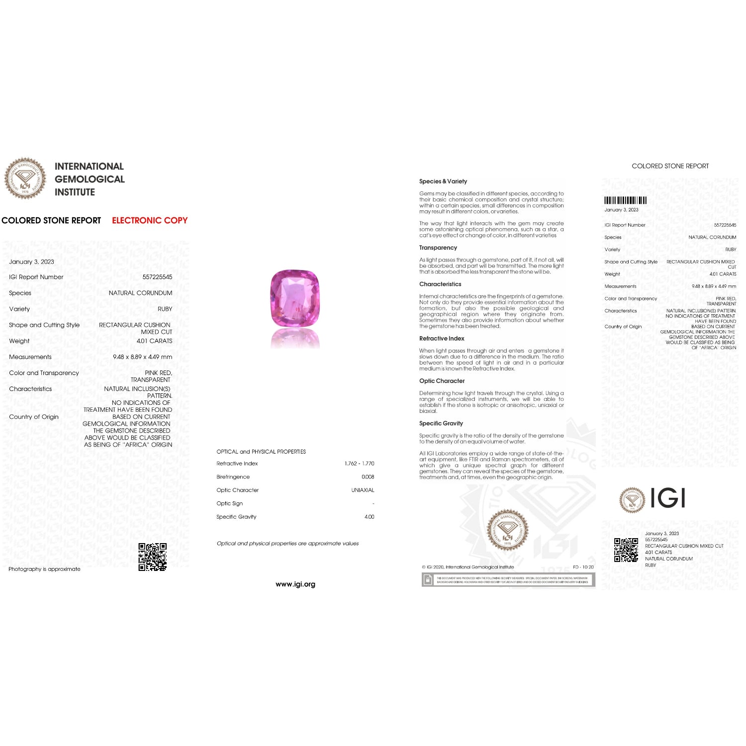 IGI Certificate of a Ruby - 4.01 Carats