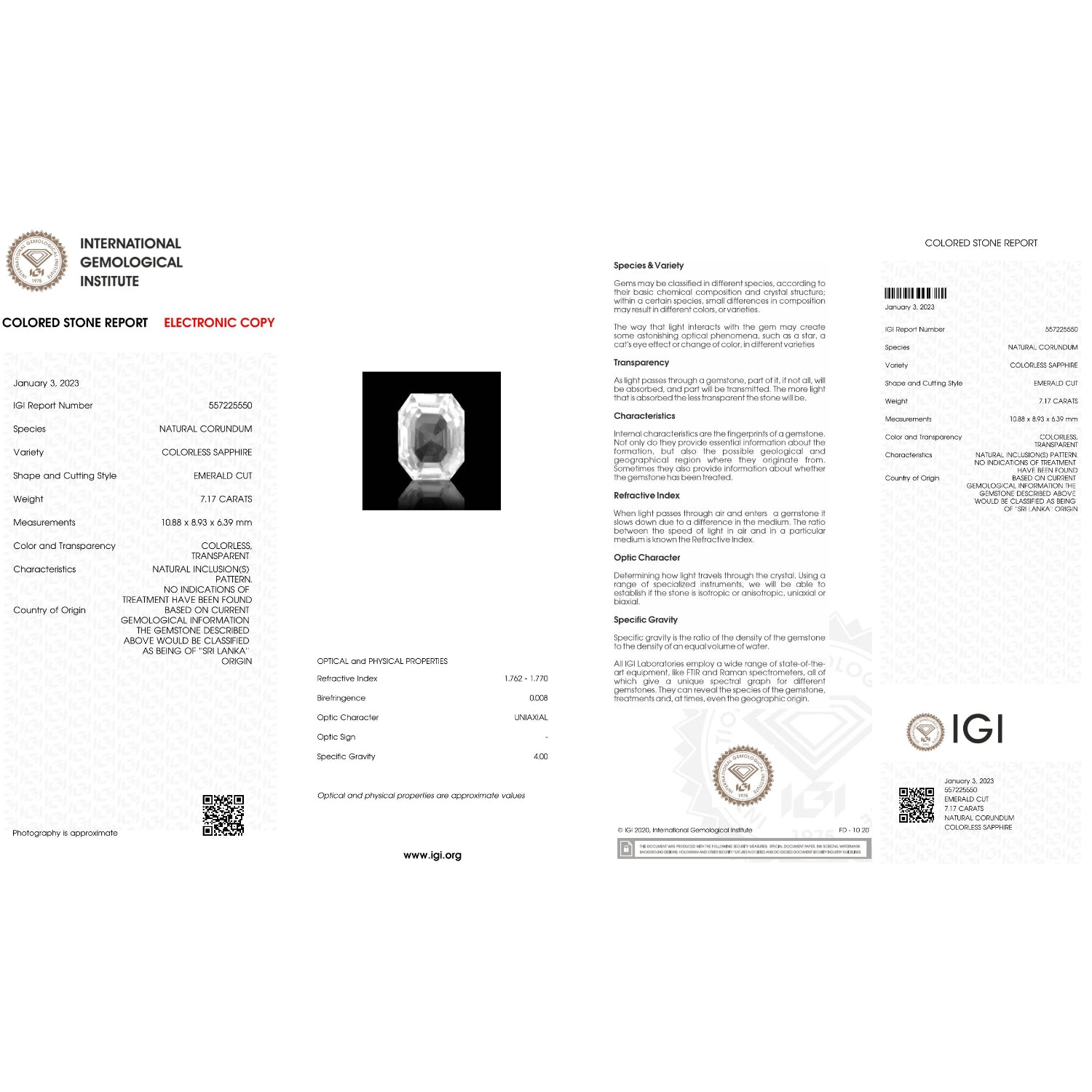 IGI Certificate of a White Sapphire - 7.17 Carats