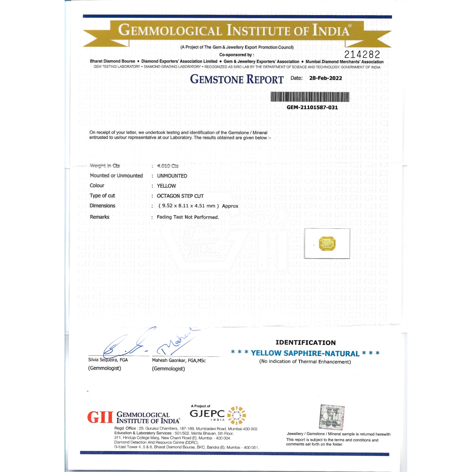 GII Certificate of a Yellow Sapphire - 4.01 carats