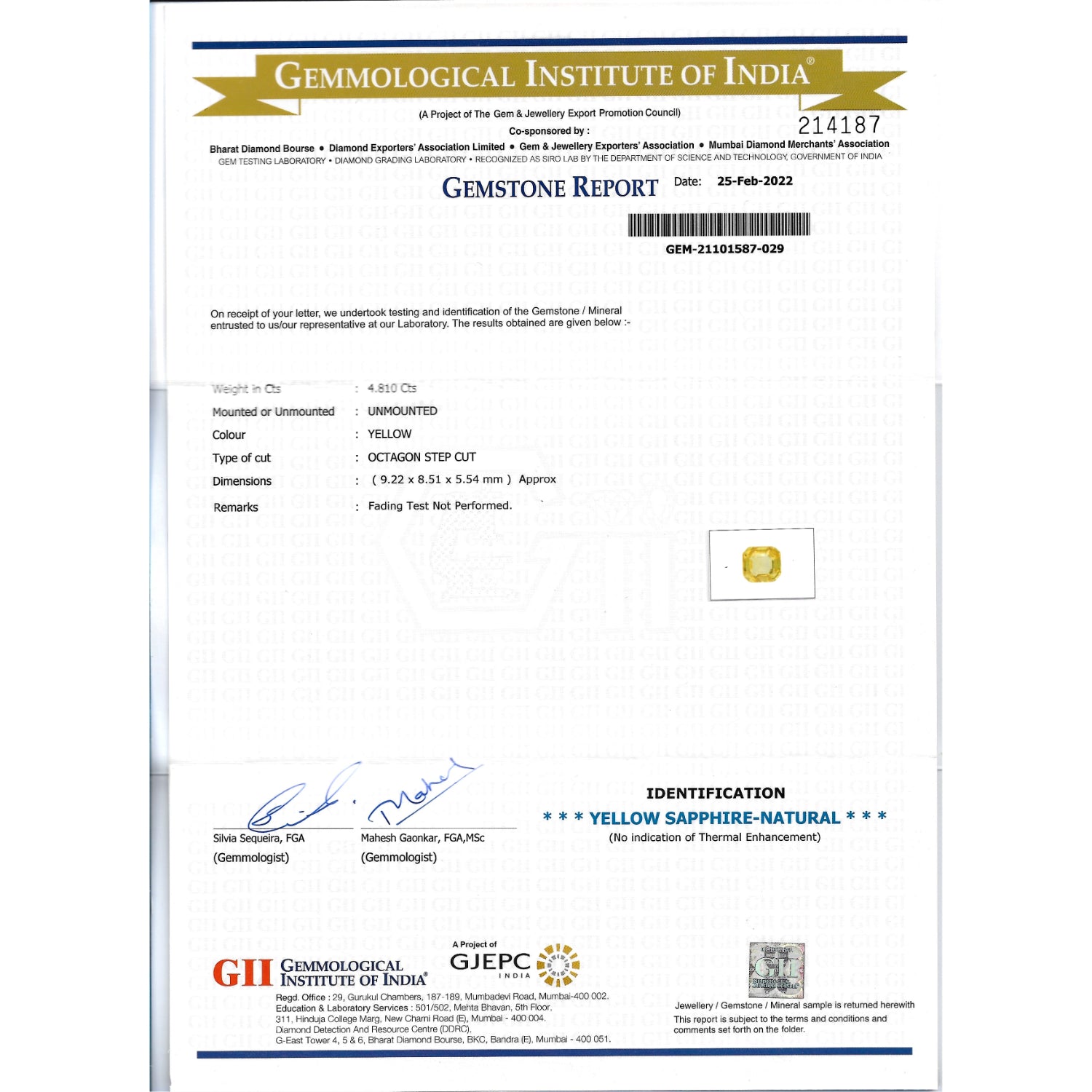 GII Certificate of a Yellow Sapphire - 4.81 carats