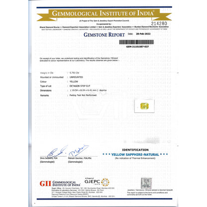 GII Certificate of a Yellow Sapphire - 5.79 carats