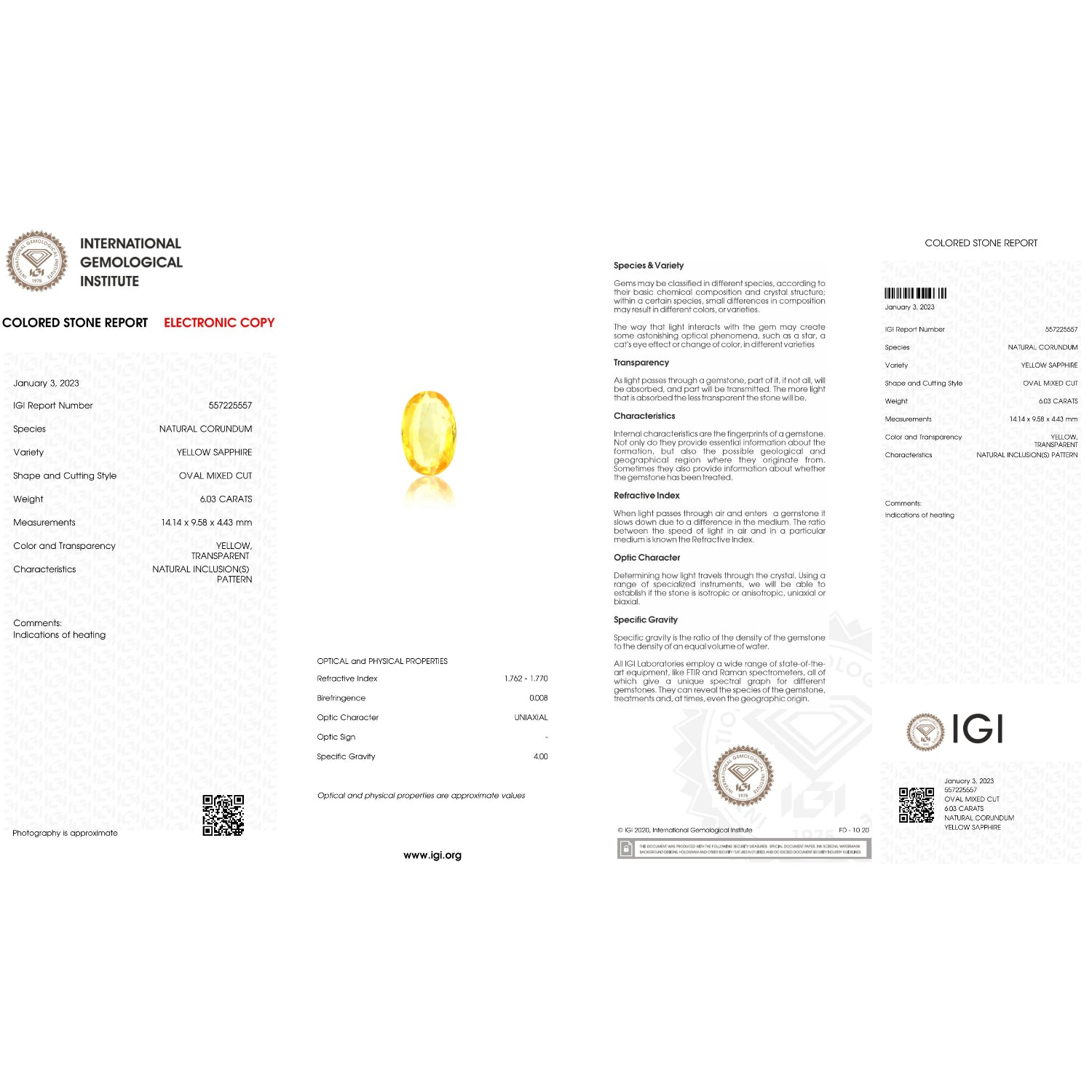 IGI Certificate of a Yellow Sapphire - 6.03 carats