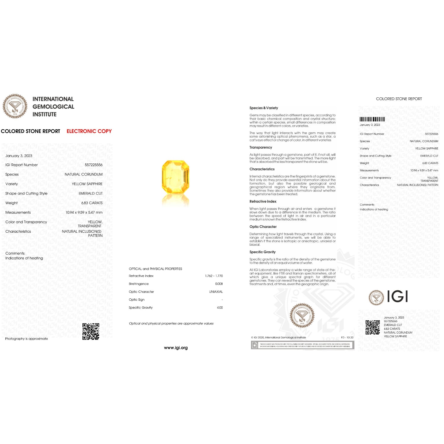 IGI Certificate of a Yellow Sapphire - 6.83 carats