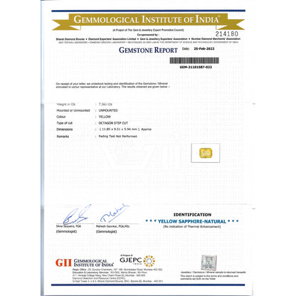 GII Certificate of a Yellow Sapphire - 7.36 carats