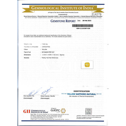 GII Certificate of a Yellow Sapphire - 7.60 carats