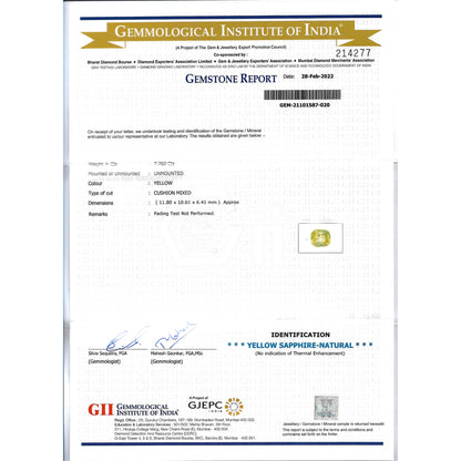 GII Certificate of a Yellow Sapphire - 7.76 carats