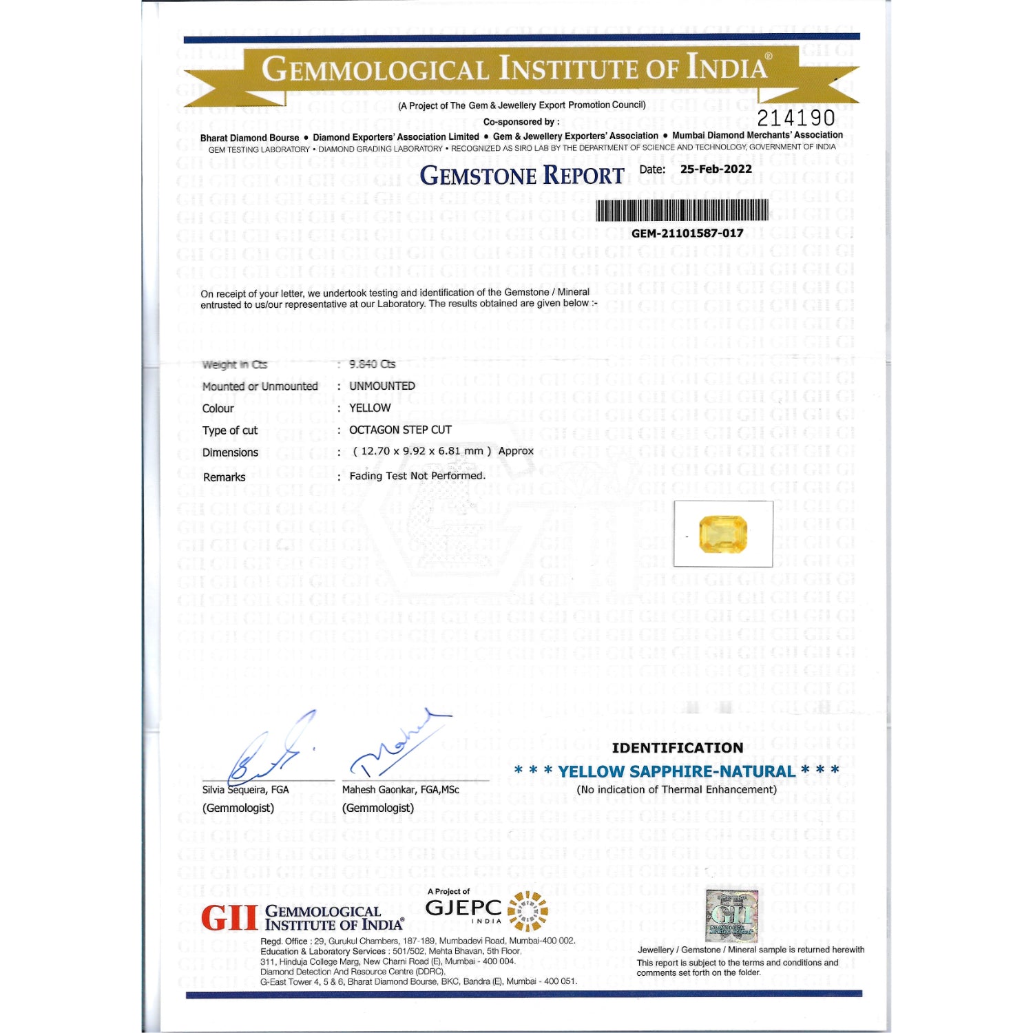 GII Certificate of a Yellow Sapphire - 9.84 carats